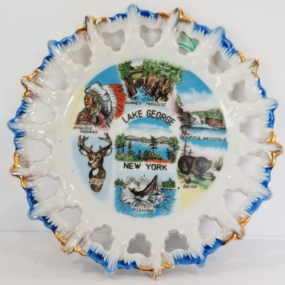 Vintage Lake George NY Japan Made Souvenir Plate 5.75” Reticulated Rim Decor